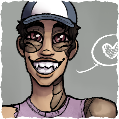 Soft-cel: My OC Jian, a spider-person in a trucker cap and a ripped shirt reading 'Engineered for Snuggles'.